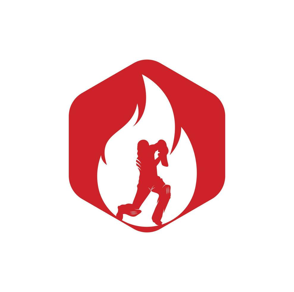Feuer-Cricket-Spieler-Vektor-Logo-Design. Cricket Fire Gear Logo-Symbol. schlagmann, der cricket spielt, und feuerkombinationslogo. vektor