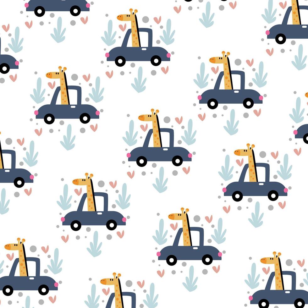 niedliches Giraffenmuster, das auf einem Auto mit fröhlichem Frühlingsthema fährt. aquarellillustration vektor