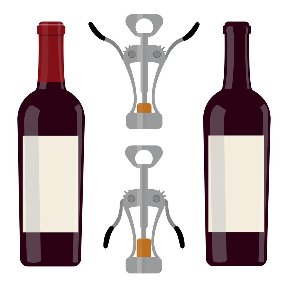 en flaska av vin är öppna, en flaska av vin är stängd, utan ett inskrift. korkskruv. vektor illustration.