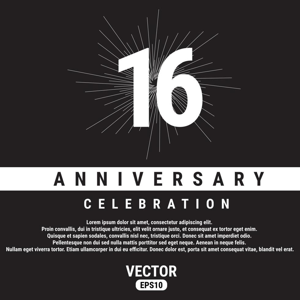 16 år årsdag firande mall på svart bakgrund. eps10 vektor illustration.