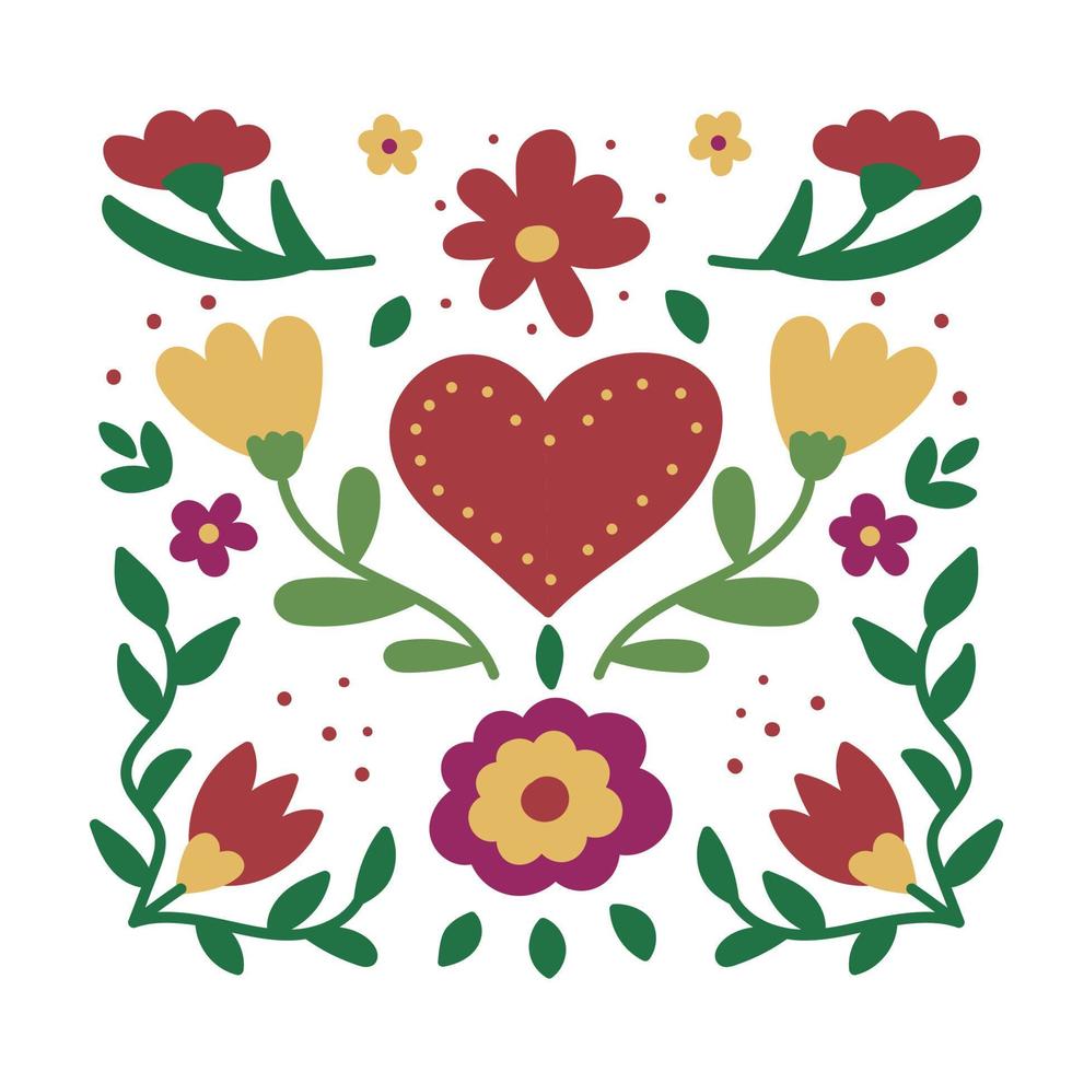 Blumenkomposition mit Herz. botanische Grußkarte. mexikanisches traditionelles Textil. Vektor-Illustration vektor