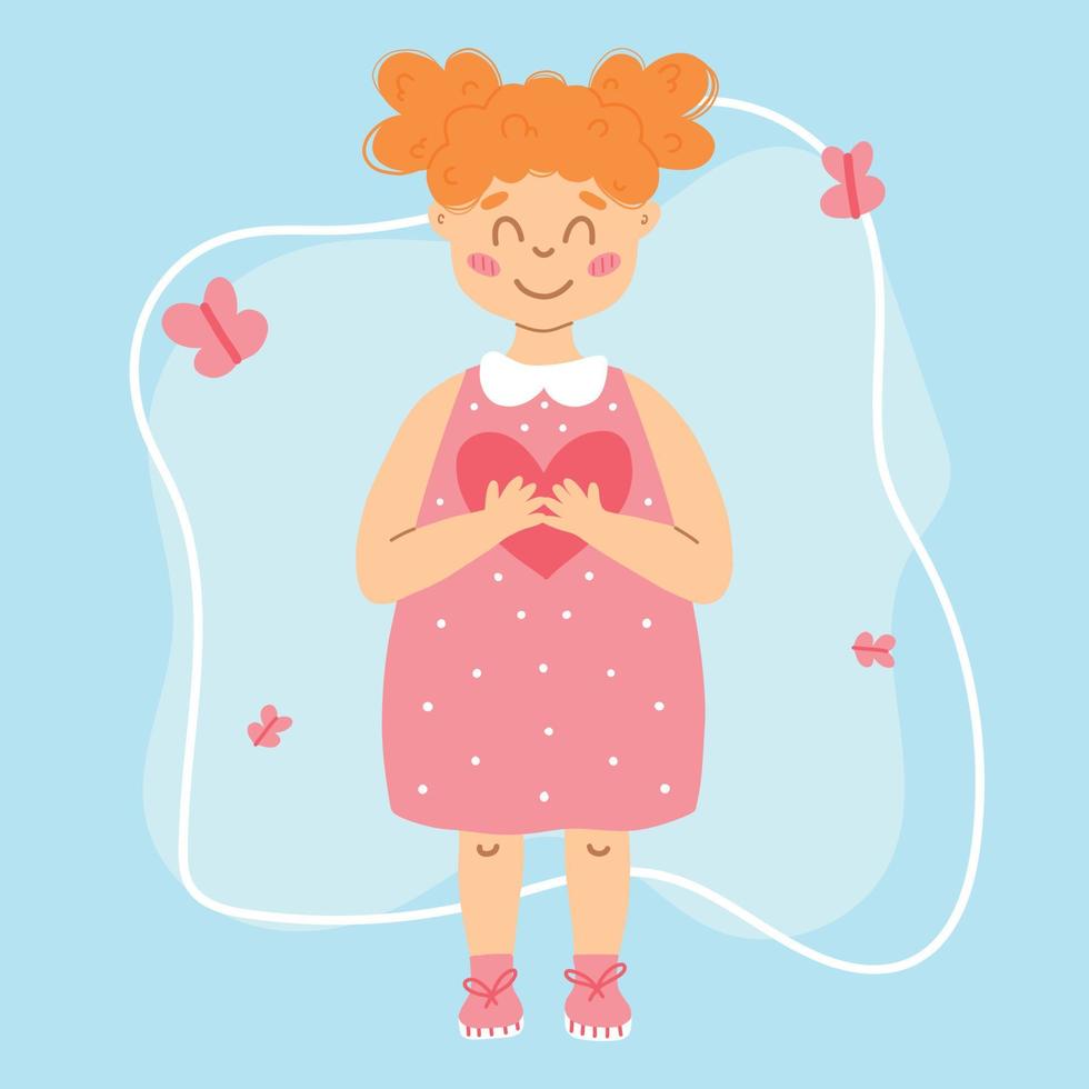 Weltkindertag. Poster mit einem süßen Mädchen und einem Herz in ihren Händen. Vektor-Illustration. grußkarte für den day.cartoon-stil der kinder. vektor
