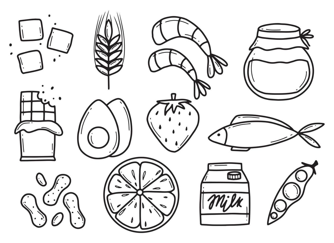 Nahrungsmittelallergene. Sammlung von Allergenprodukten. Vektor-Illustration. Allergie. Doodle-Stil. Allergen Fisch, Ei, Honig, Gluten, Milch. vektor