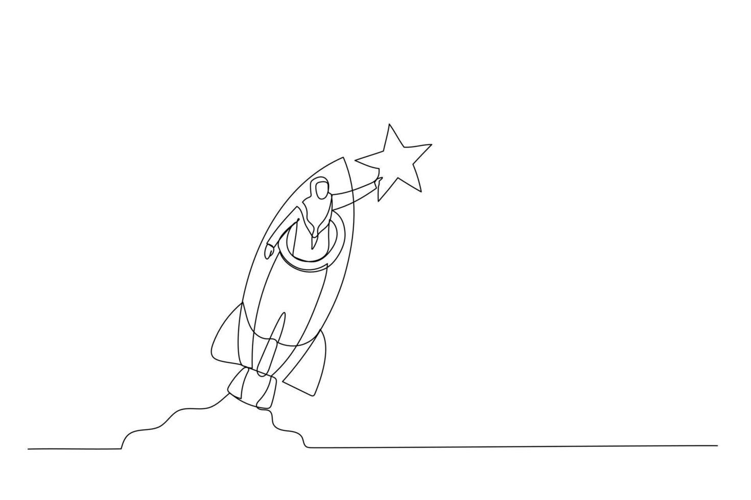 illustration einer muslimischen frau, die eine schnelle rakete fährt, um einen goldenen stern zu fangen. Metapher für Innovation. einzelne fortlaufende Strichzeichnungen vektor