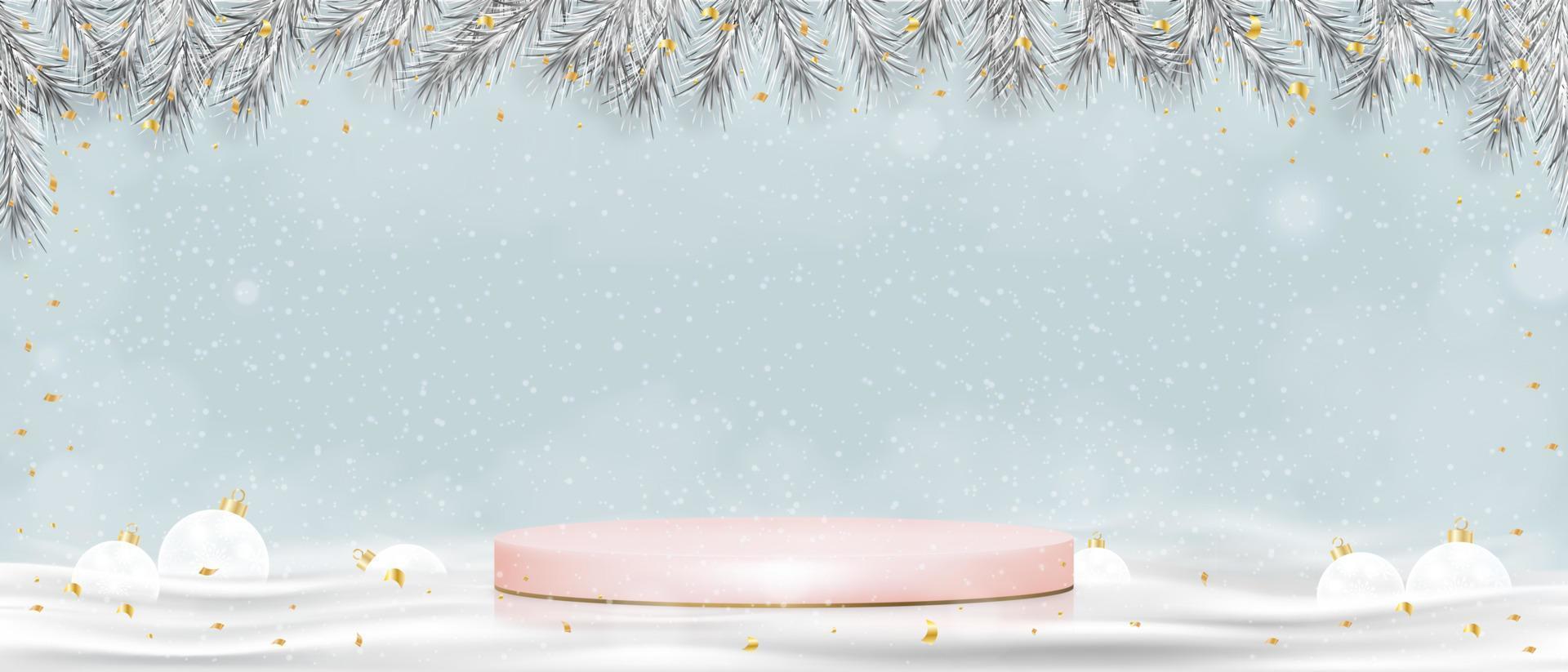 weihnachtshintergrund mit winterszene, 3d-display rosa podium mit weihnachtsdekoration, vektor-schaufensterständer mit schneien auf blauem himmelwandhintergrund, luxusdesign für das neue jahr 2023 vektor