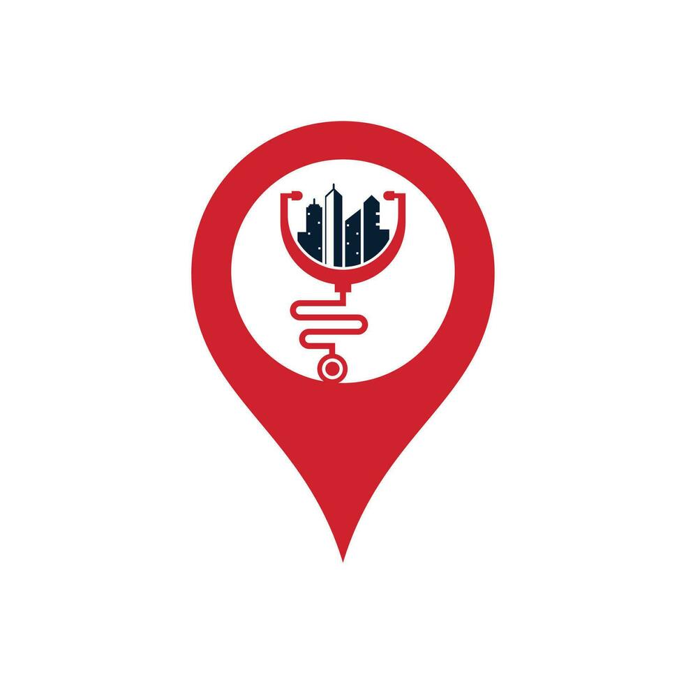 Medical City GPS-Form-Vektor-Logo-Vorlage. Stethoskop und Stadtvektor. Stadtmedizin-Logo vektor