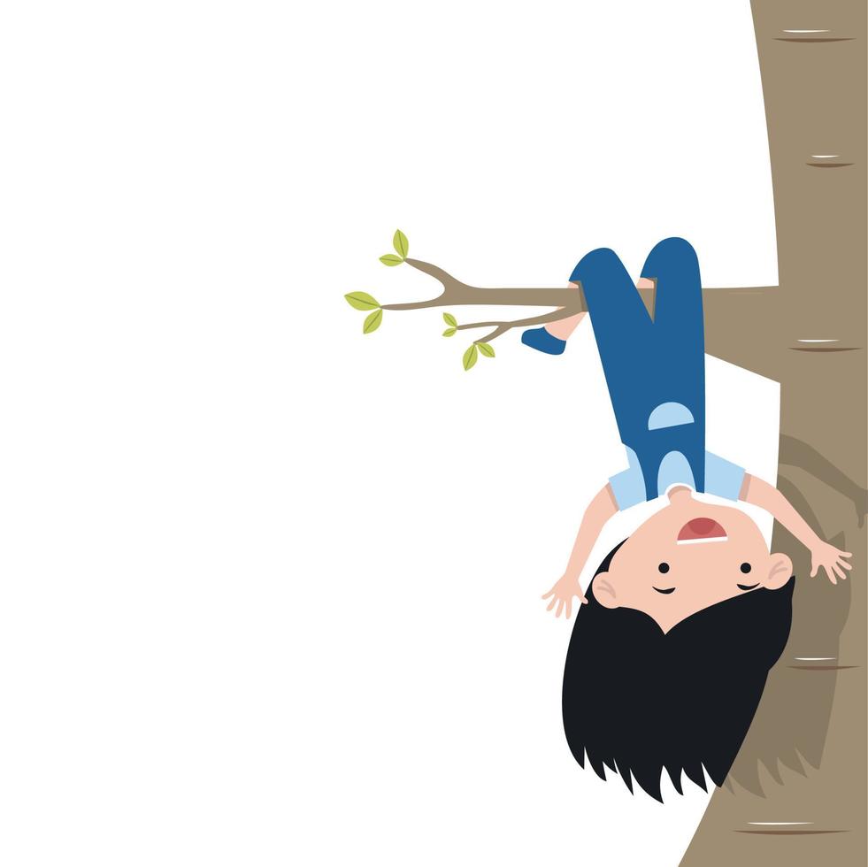 liten flicka hängande på en träd gren tecknad serie vektor