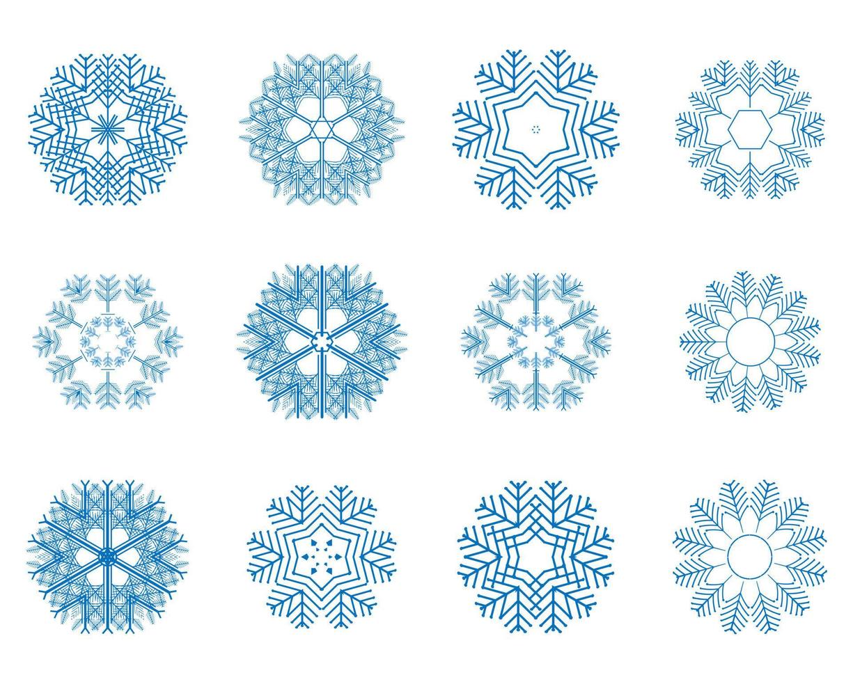 verschiedene Winterschneeflocken von blauer Farbe auf weißem Hintergrund vektor