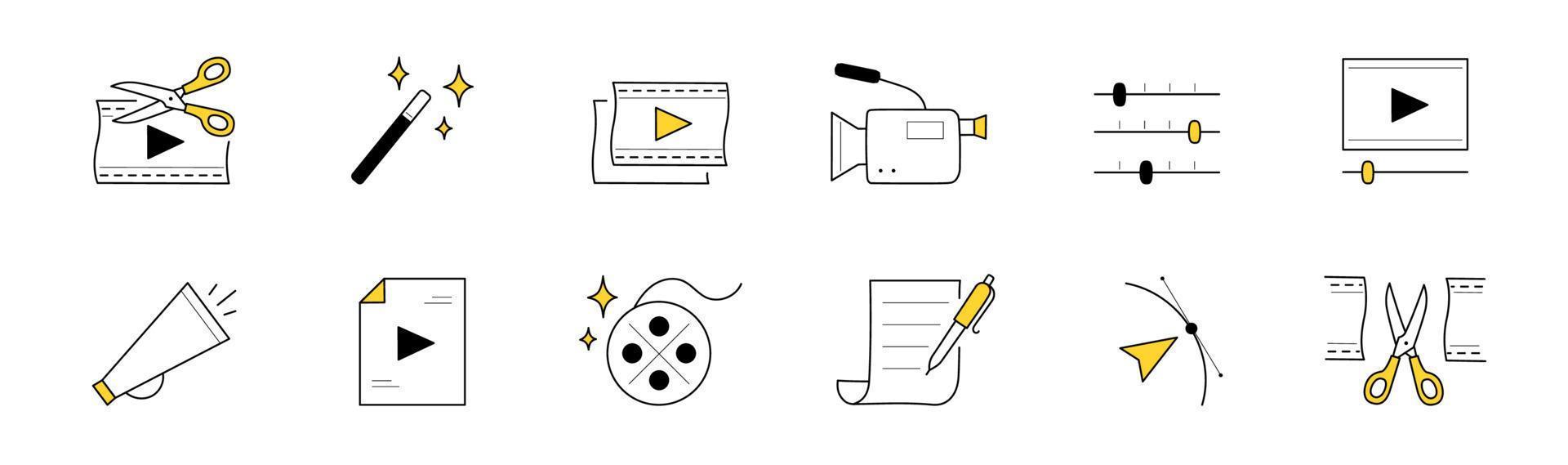 Video-Edition-Doodle-Icons Vektorelemente gesetzt vektor