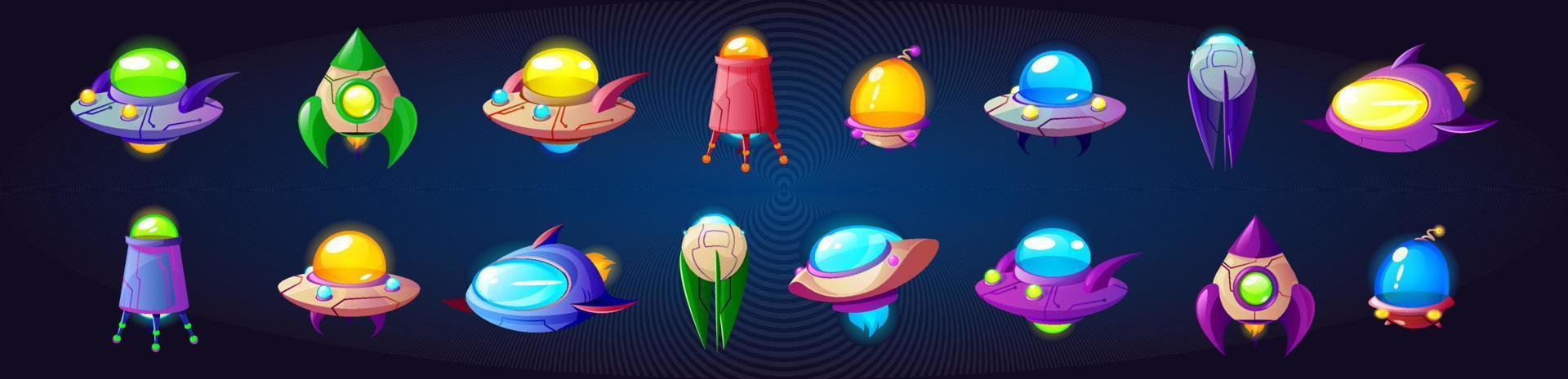 utomjording rymdskepp, UFO spel ikoner vektor uppsättning.
