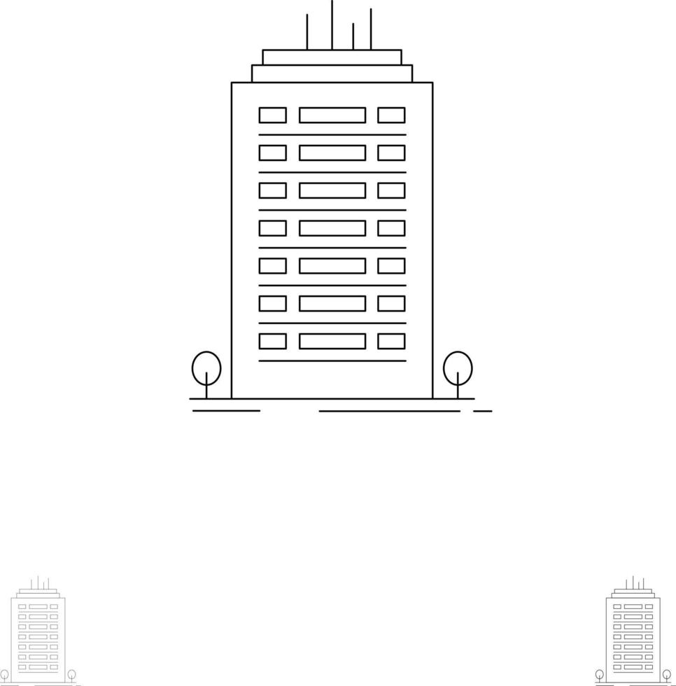 byggnad kontor skyskrapa torn djärv och tunn svart linje ikon uppsättning vektor