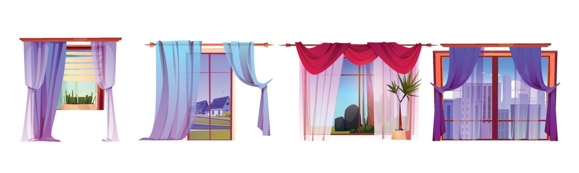 Fenster mit Vorhängen und verschiedenen Ansichten nach draußen vektor
