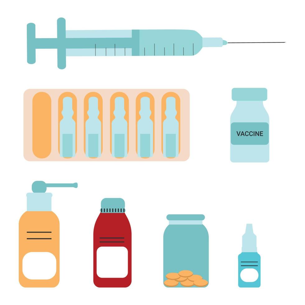 Medizinisches Set zur Behandlung. Fläschchen und Spritze mit Impfstoff, Medikamenten und Pillen. Kampf gegen Viren. Impfung, Immunisierung, Behandlung. vektor