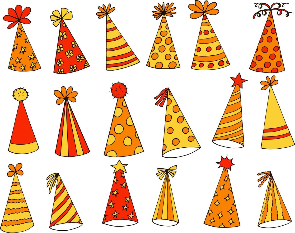 Partyhut-Icon-Set. handgezeichneter Doodle-Stil. , Minimalismus, Trendfarbe Gelb, Orange. festlich lustig vektor