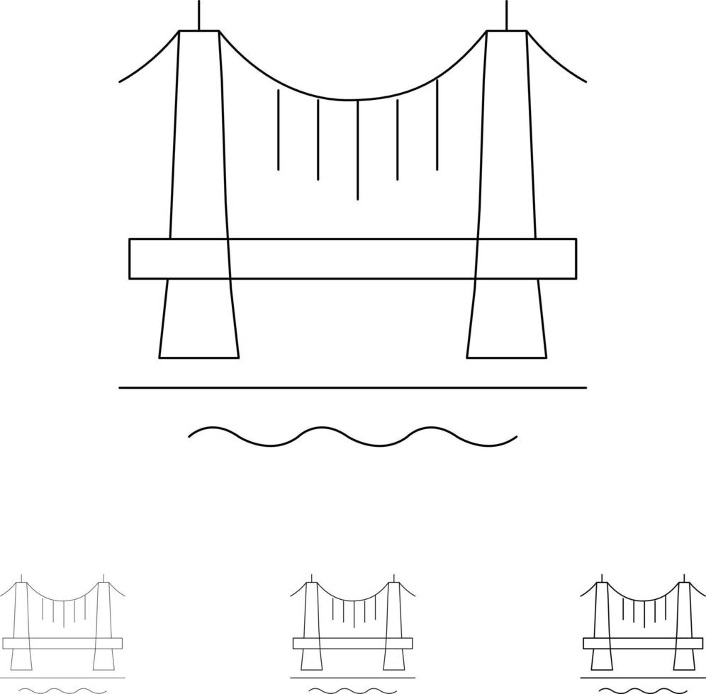 bro byggnad stad stadsbild djärv och tunn svart linje ikon uppsättning vektor