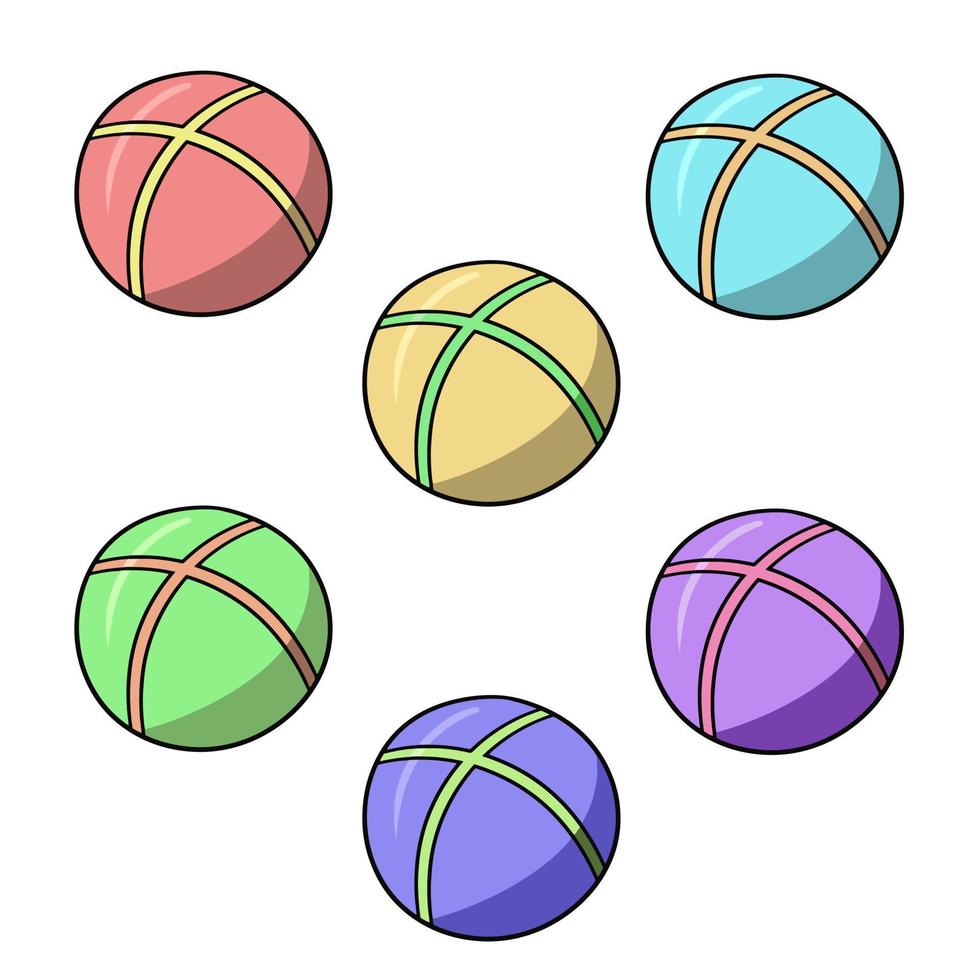 eine Reihe farbiger Symbole, ein runder Gummiball für das Spiel, eine Vektorillustration im Cartoon-Stil auf weißem Hintergrund vektor