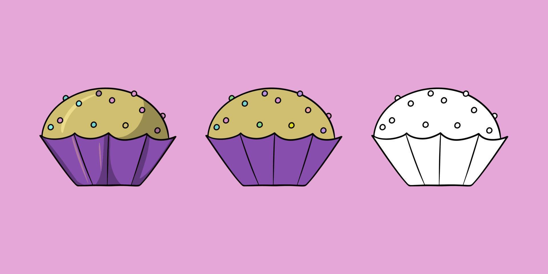 en horisontell uppsättning av bilder. runda muffin med flerfärgad runda socker smulor i en lila kopp, vektor illustration i tecknad serie stil på en färgad bakgrund