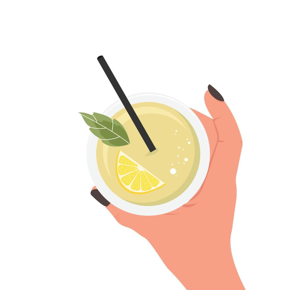 illustration av en kvinnas hand med en cocktail, juice med en citron- skiva och en mynta i henne hand. begrepp av Bra näring och friska livsstil. vektor