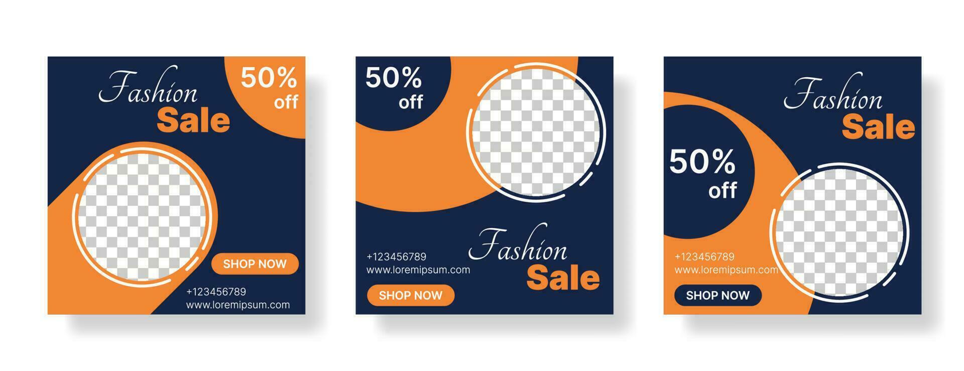 Sammlung von Modeverkaufsbannern für Social-Media-Posts in dunkelblauer und oranger Farbe. Vektor-Illustration vektor