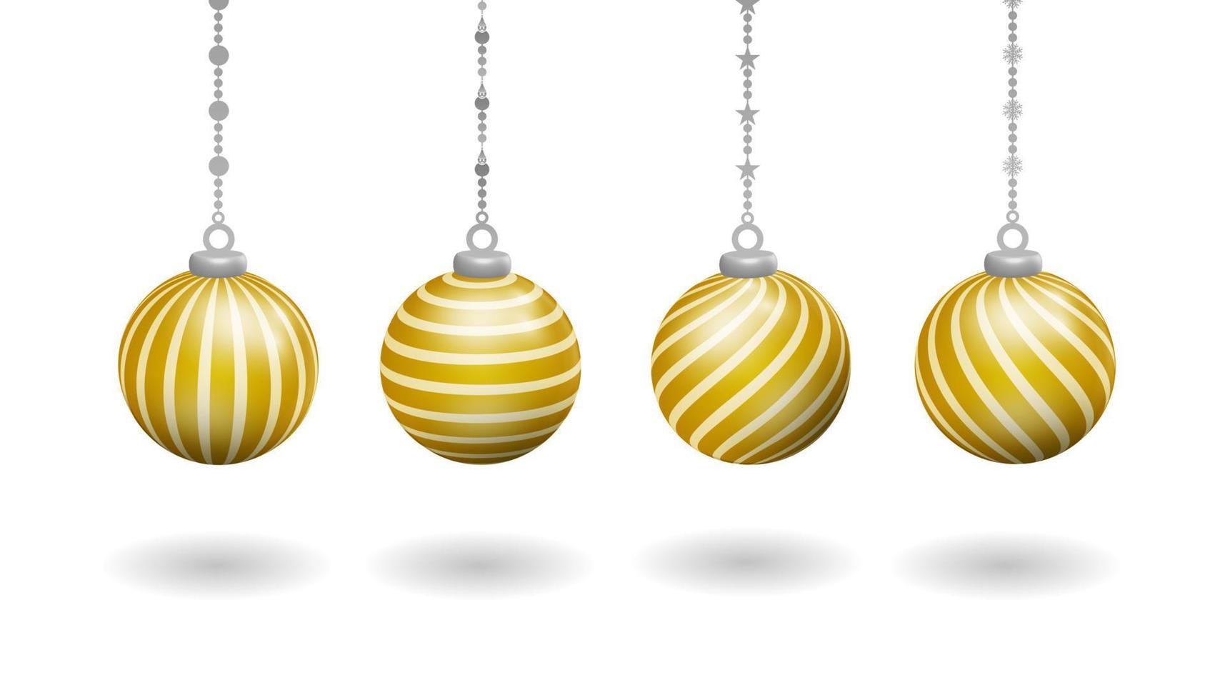 realistisches goldenes weihnachtsdekorationsset mit hängenden kugeln, mit verschiedenen verdrehten linienmustern vektor