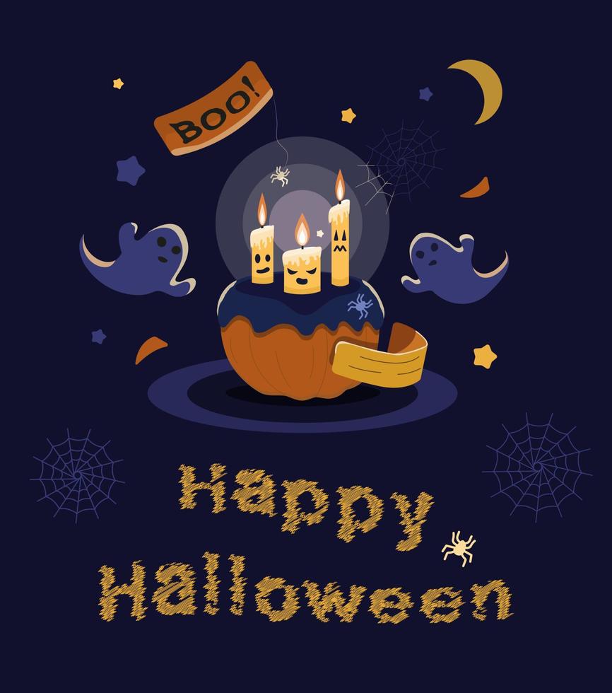 Halloween-Party-Plakat. Kürbis und Kerzen, Spinne und Netz. Vektor-Illustration vektor