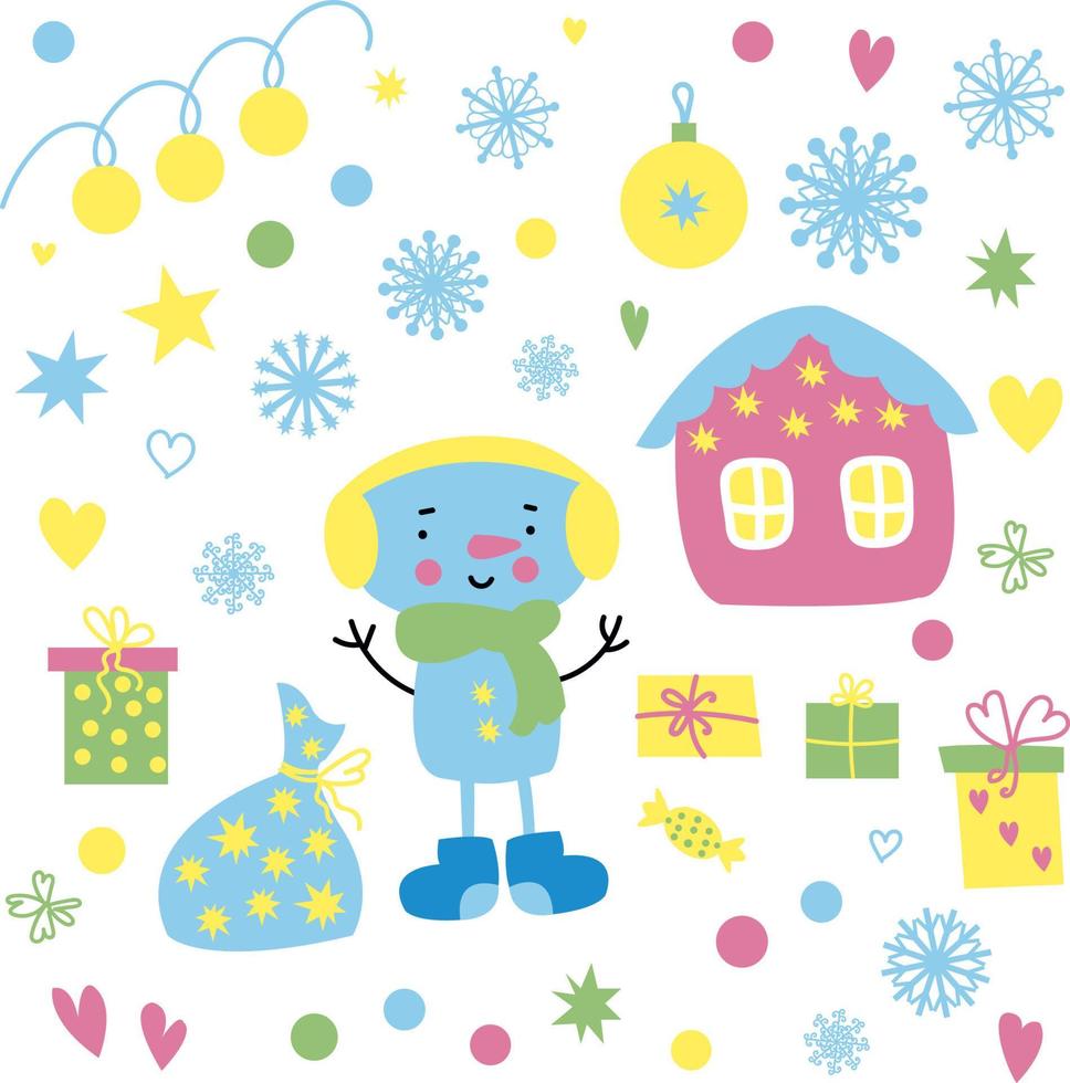 weihnachtsset aus süßem schneemann, geschenken, schneeflocken, konfetti, girlanden, kugeln, dekorationen, lichtern, sternen vektor