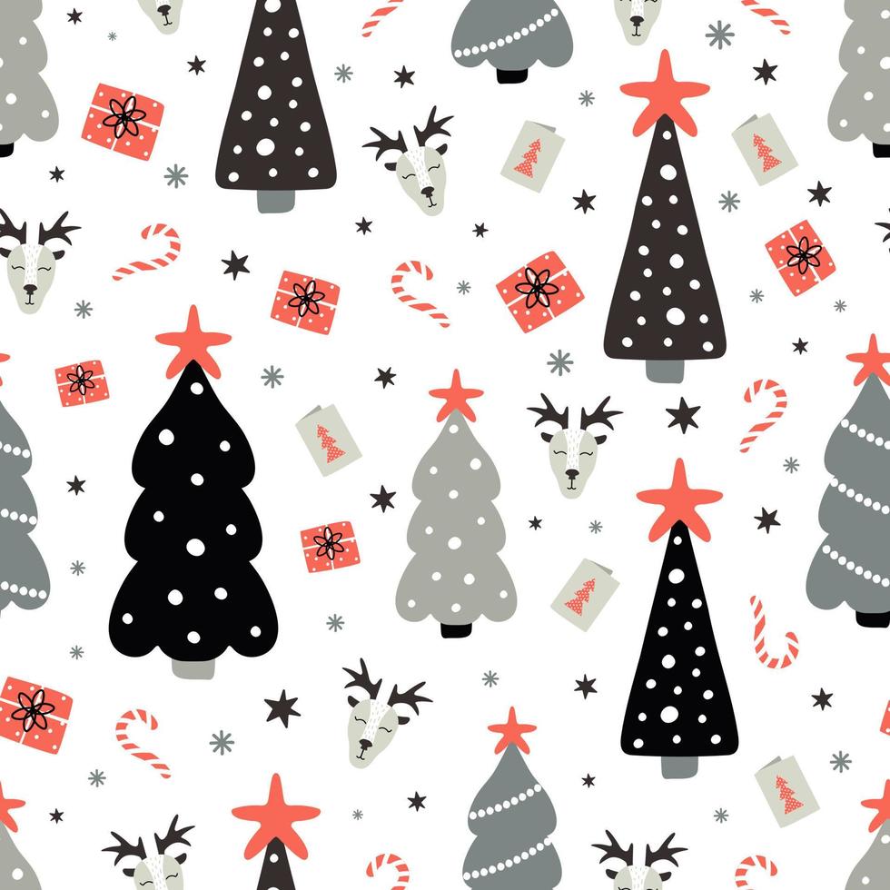 Weihnachtsnahtloses Muster mit Fichten und Schneeflockenpunkten auf weißem Hintergrund. Hintergrund für Tapeten, Textilien, Papiere, Geschenkboxen, Stoffe, Webseiten. Vintage-Stil. vektor