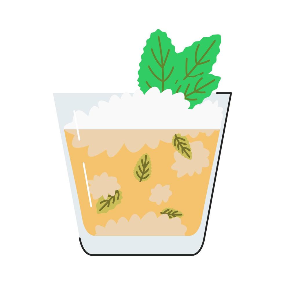 mynta julep sommar söt cocktail i stenar glas isolerat på vit. kentucky traditionell lång dryck med mynta löv och is kuber. alkoholhaltig dryck med socker sirap. mojito platt vektor illustration