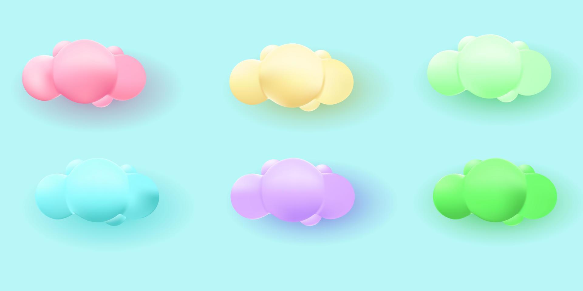 3D-Wolke mit süßer Farbe mit 4 verschiedenen Farben. gelbe, rosa, grüne, blaue, lila Wolke. vektor