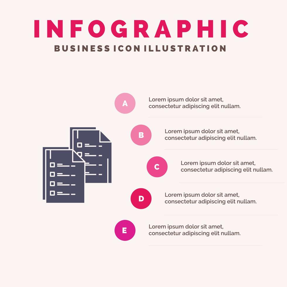 Dokumentanalyse Daten Kopierpapier Lebenslauf solides Symbol Infografiken 5 Schritte Präsentationshintergrund vektor