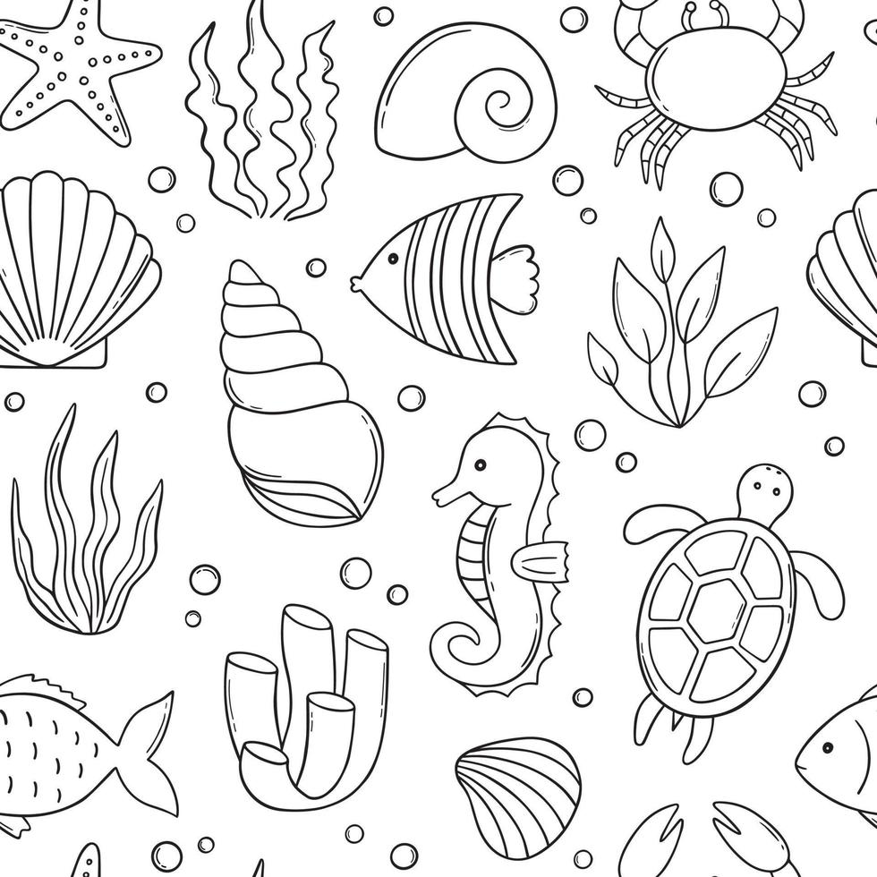 sömlös mönster av hav liv klotter. under vattnet element i skiss stil. hand dragen vektor illustration