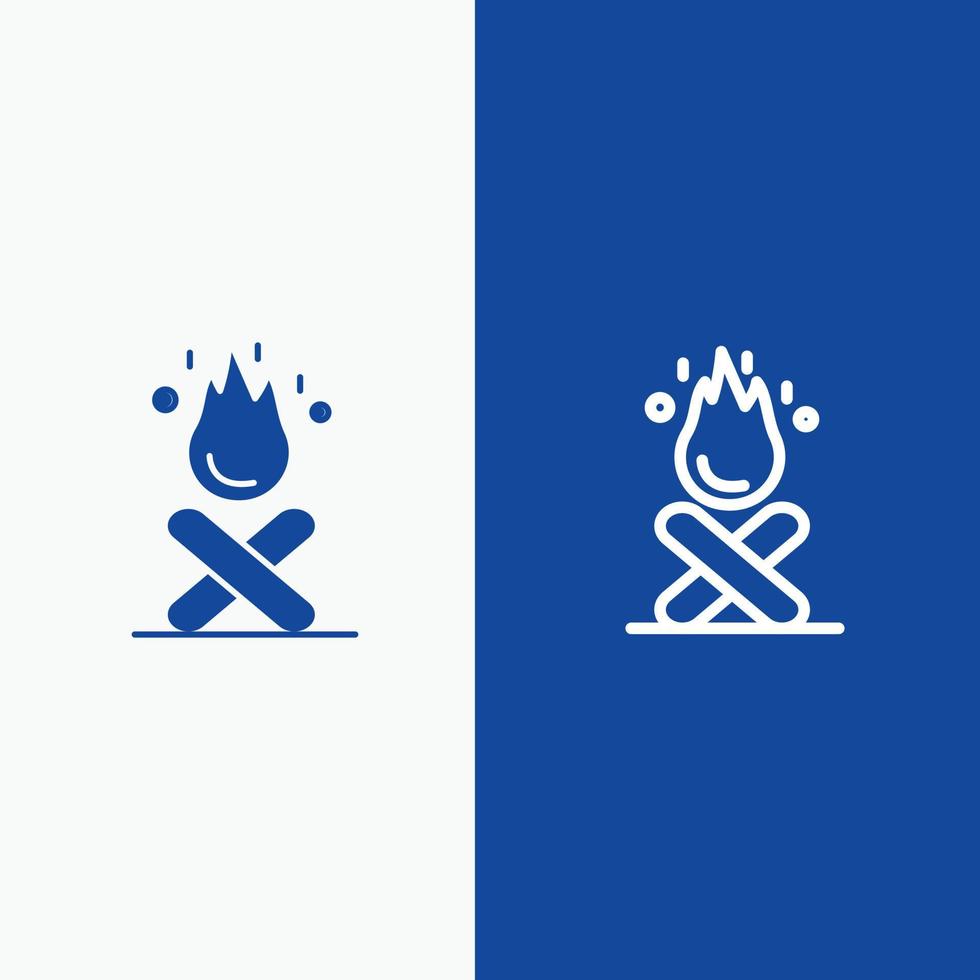 Lagerfeuer Lagerfeuer Camping Feuerlinie und Glyphe festes Symbol blaues Banner vektor