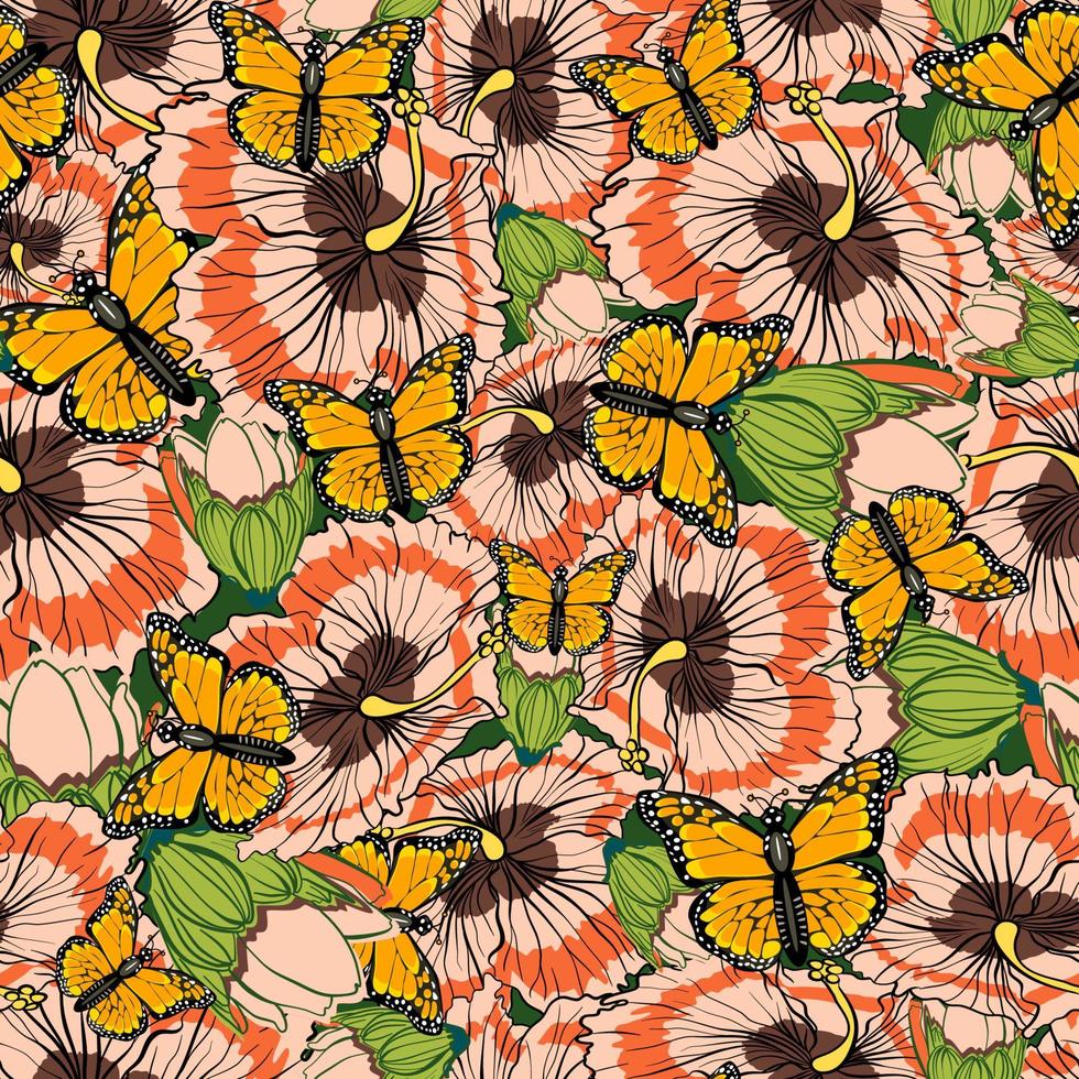 sömlös botanisk mönster med monark fjärilar och hibiskus blommor vektor