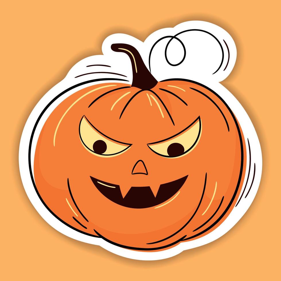 Halloween-Vektor-Aufkleber. eine Linie handgezeichneter Halloween-Emoticon-Kürbis. Jack-o-Laterne. lustiges Gesicht isoliert auf weißen, süßen Kürbissen. gekritzel für logo, plakat, emblem vektor