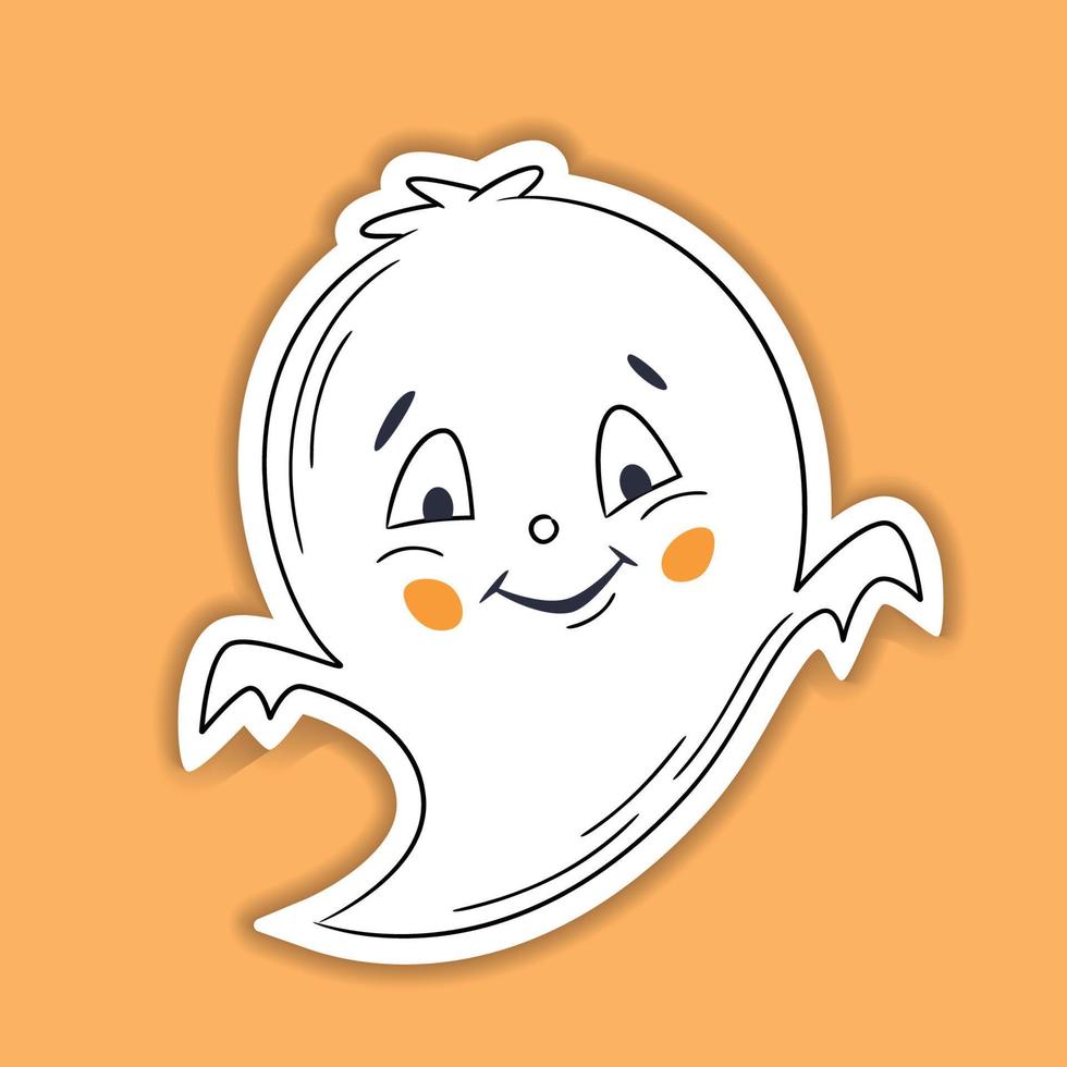 Halloween-Vektor-Aufkleber. eine Linie handgezeichneter Halloween-Emoticon-Geist. lustiger kleiner süßer Geist. gekritzel für logo, plakat, emblem. Cartoon-Stil vektor