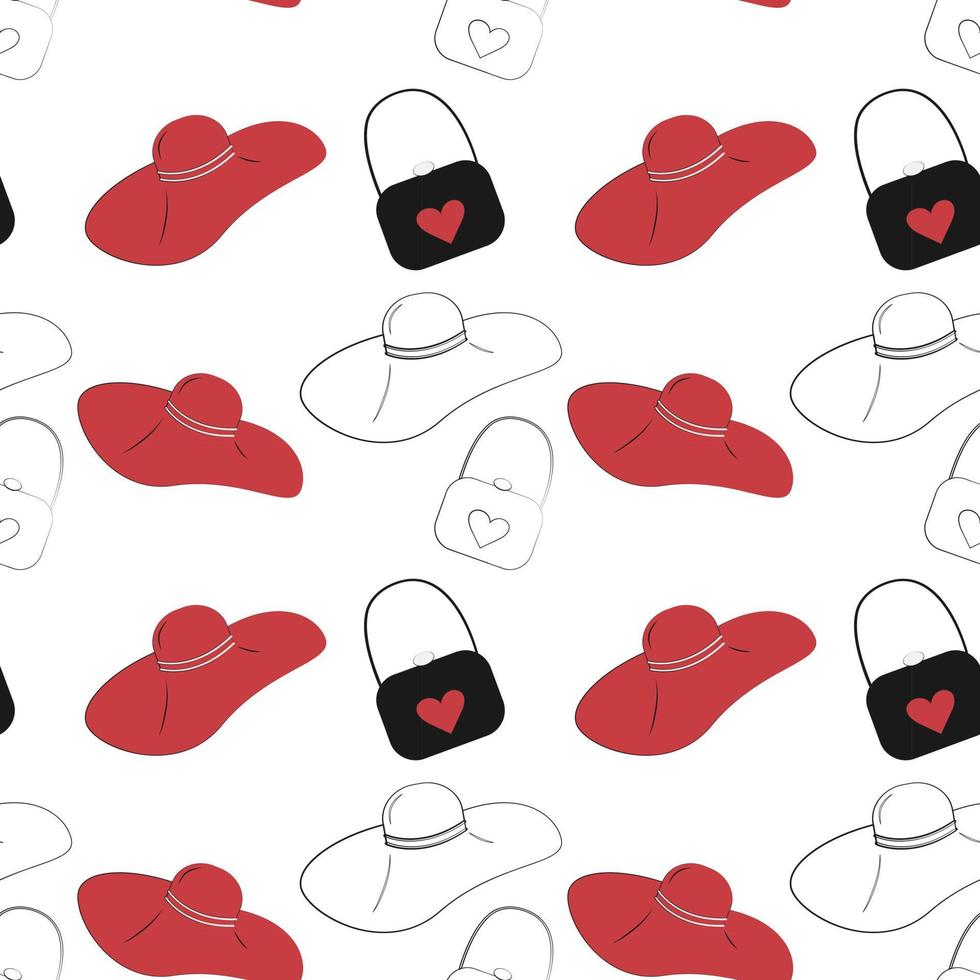 sömlös mönster från kvinnor handväska och stiliserade röd och översikt hatt. abstrakt bakgrund. isolera vektor