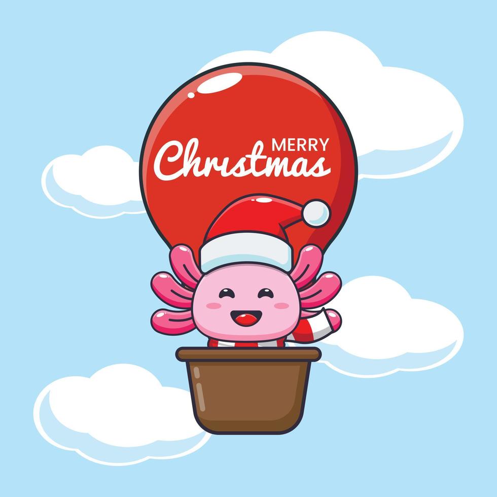 süße Axolotl-Fliege mit Luftballon. nette weihnachtskarikaturillustration. vektor
