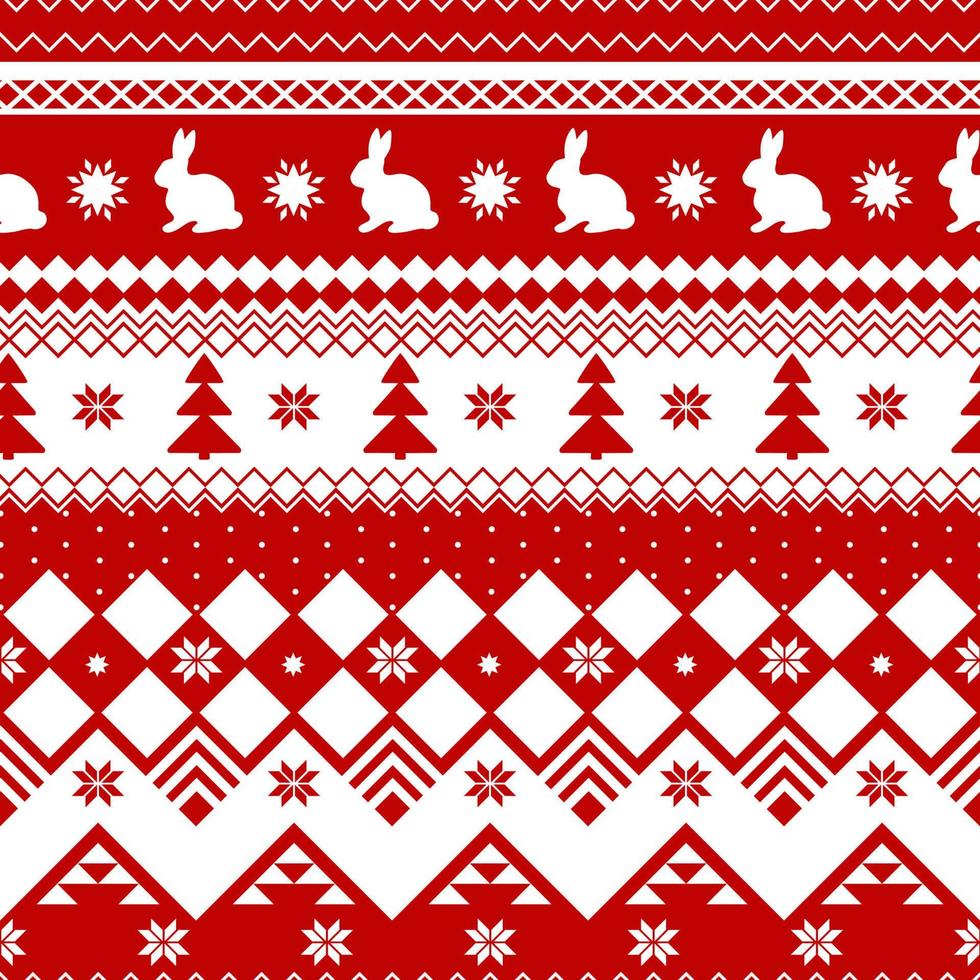 nahtloses weihnachtsmuster - weihnachtskaninchen mit norwegen-verzierung. roter und weißer hintergrund des guten rutsch ins neue jahr. Vektordesign für Winterferien. druck für stoff und telefonhülle. vektor