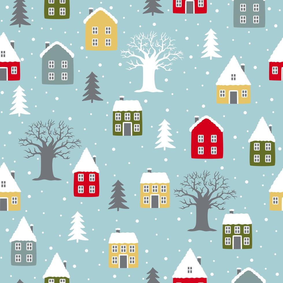sömlös hand dragen mönster. vinter- landskap bakgrund. söt hus med jul träd. vektor