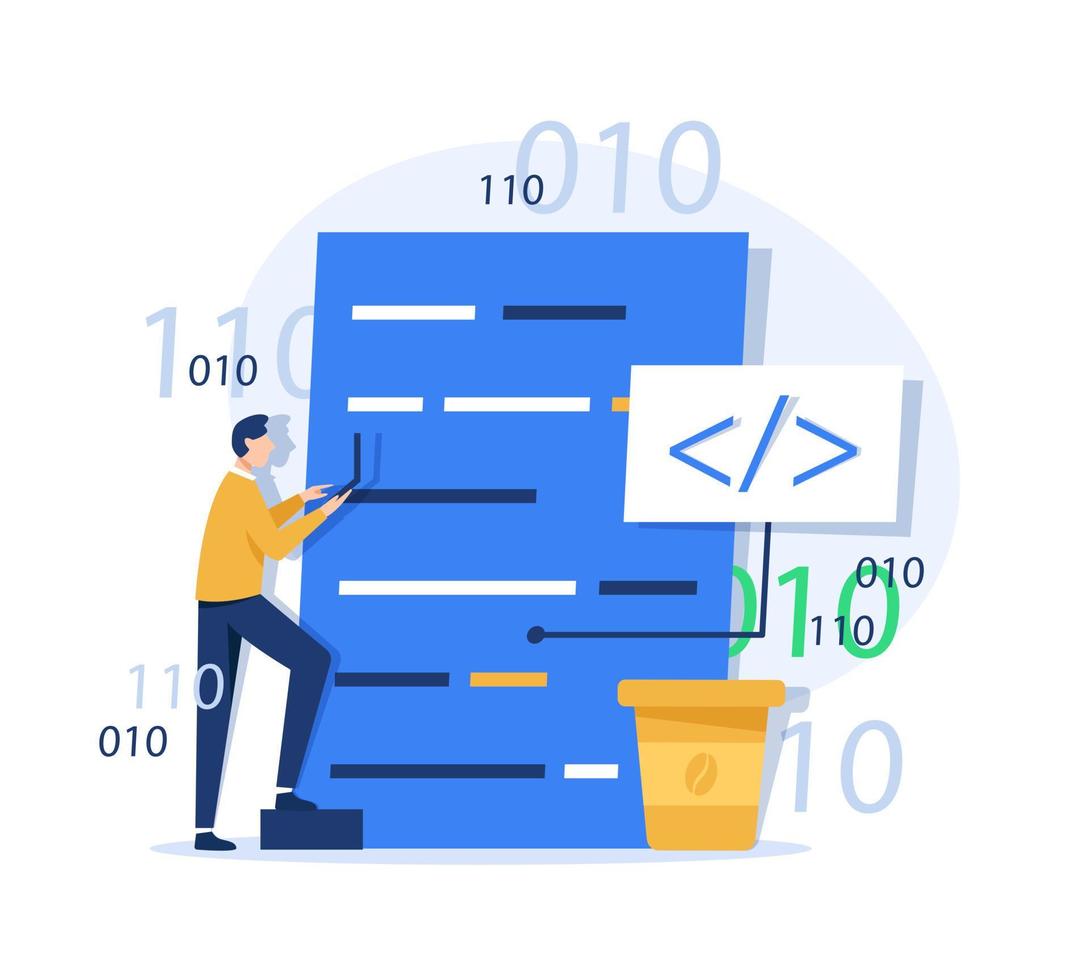 menschen charaktere, die zusammenarbeiten und neue software entwickeln. entwicklerteam programmiert und schreibt programmcode. Entwicklungsprozesskonzept. flache Karikatur vektor