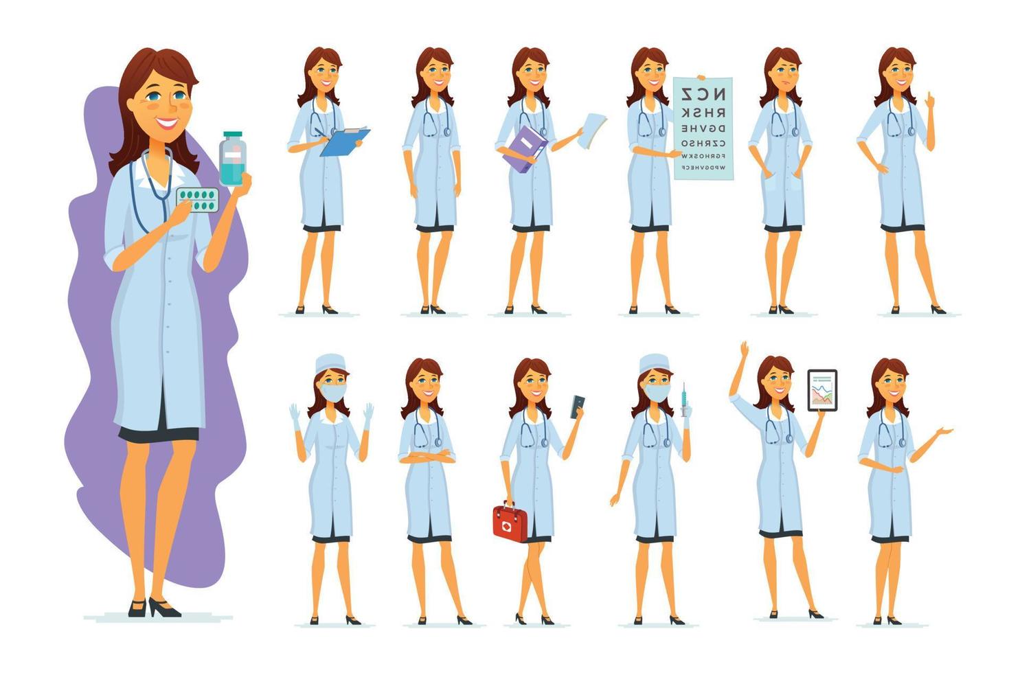 kvinna läkare tecknad serie människor karaktär packa vektor