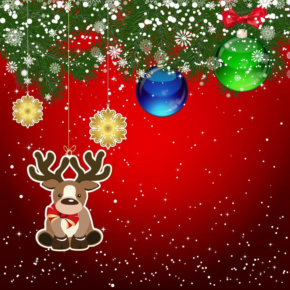 jul bakgrund med jul träd grenar dekorerad med glas bollar och leksaker. vektor