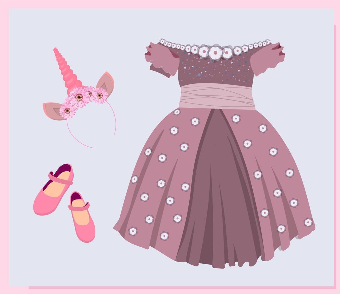 Urlaubsschuhe für Mädchen, Modellschuhe für Kinder. wunderschönes Ballkleid. Rock mit Tüll und Schleife. Prinzessinnen-Outfit. vektorillustration isoliert. vektor