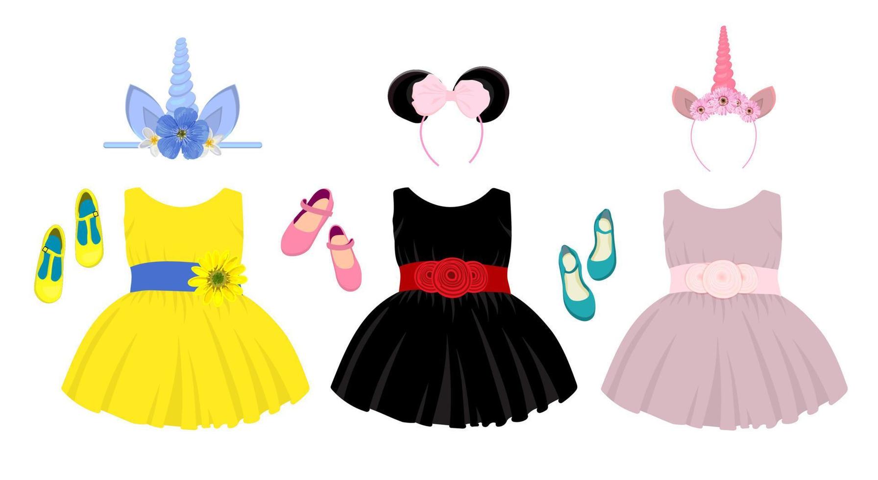 Semester skor för tjejer, barns modell skor. skön boll klänning klänning. kjol med tyll och rosett. prinsessa utrusta. vektor illustration isolerat.