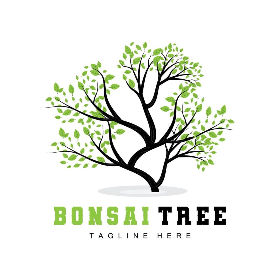 grön träd logotyp design, bonsai träd logotyp illustration, blad och trä vektor