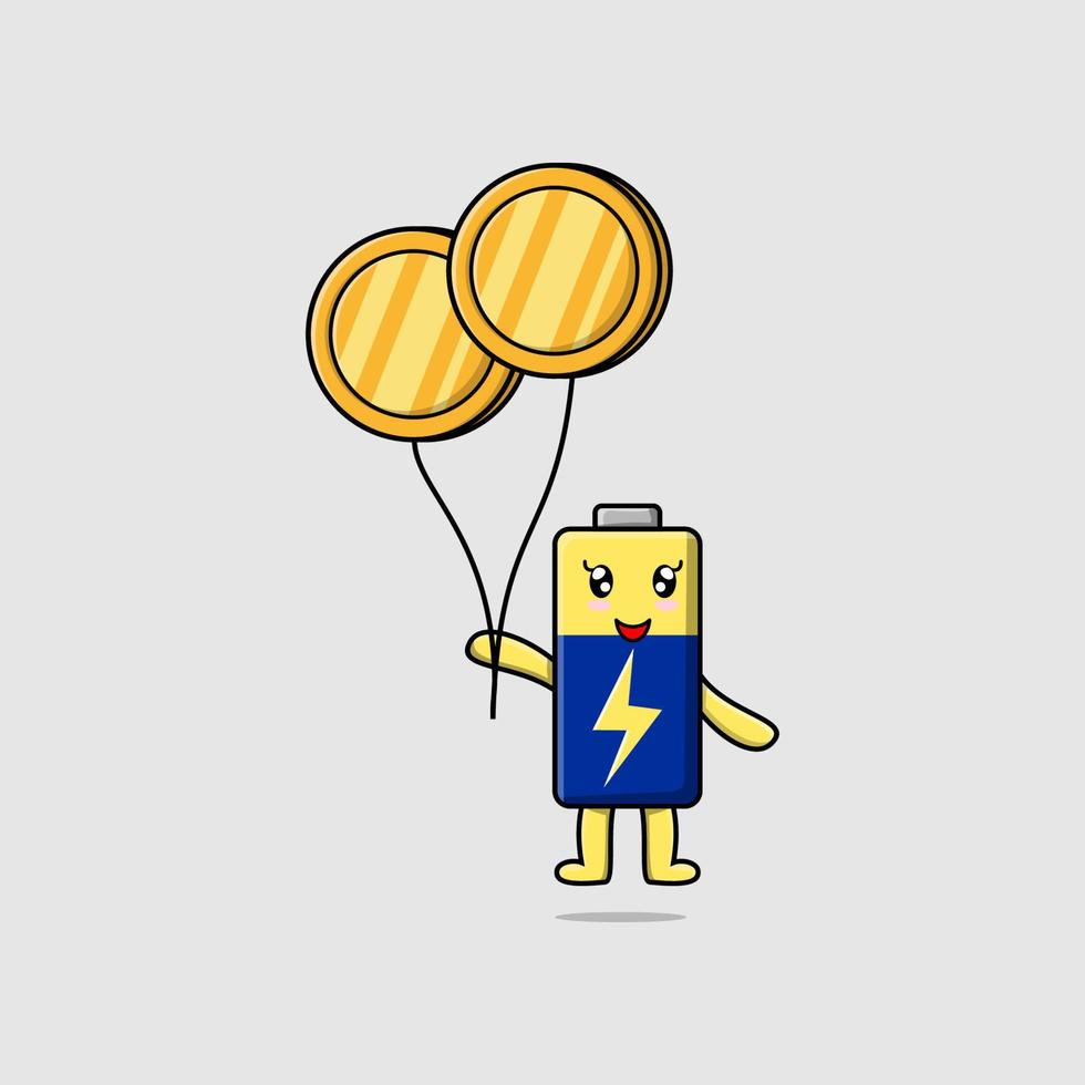 söt tecknad serie batteri flyta med guld mynt ballong vektor