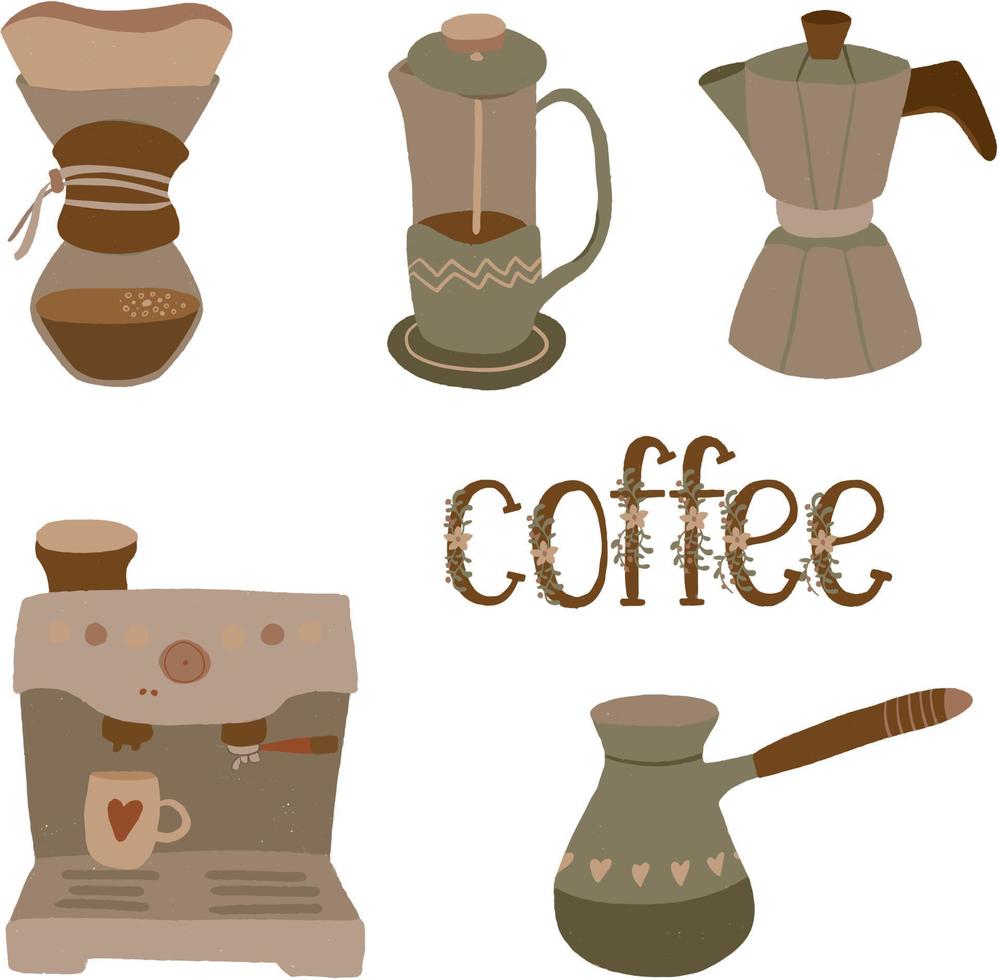 kaffe uppsättning av annorlunda kaffe maskiner och kaffe tillverkare vektor