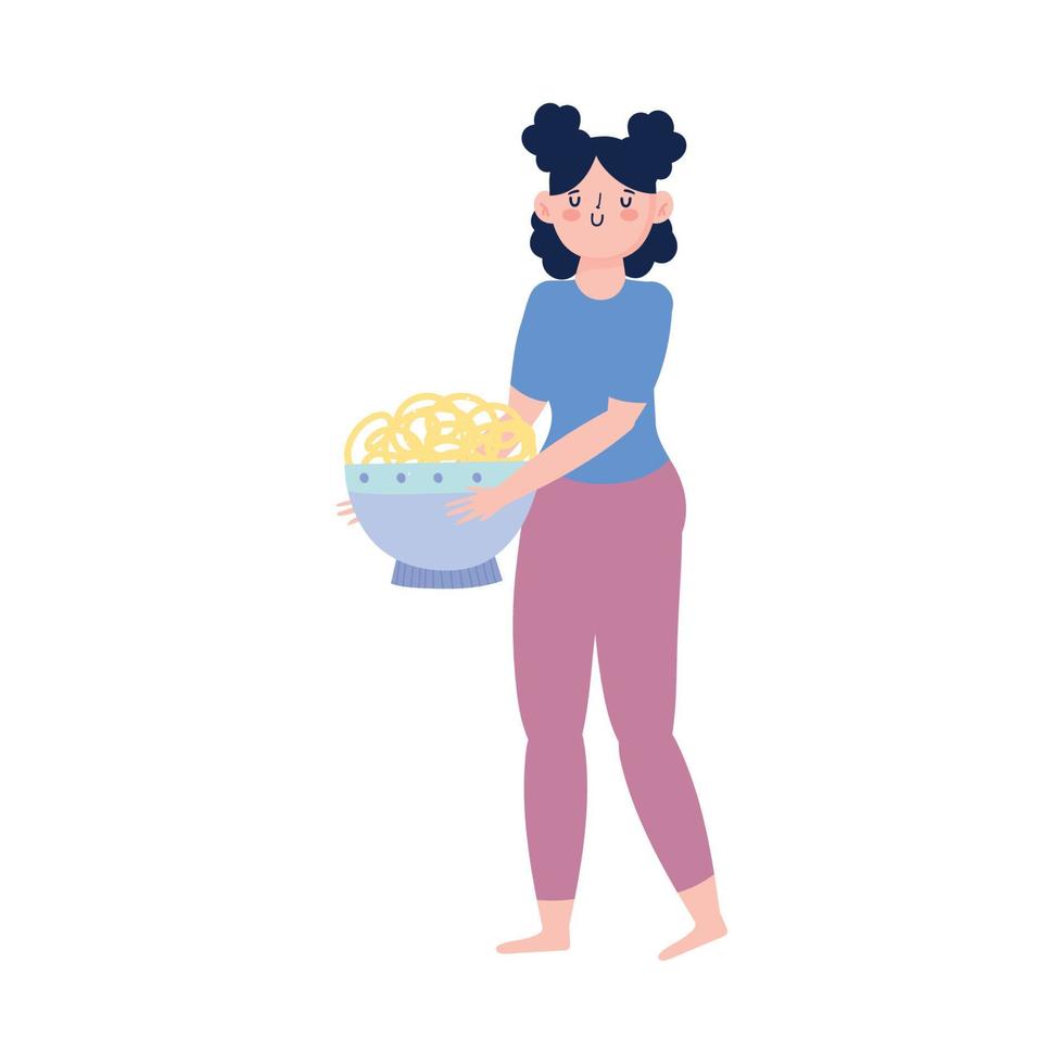 flicka med spaghetti i skål mat isolerat design ikon vit bakgrund vektor