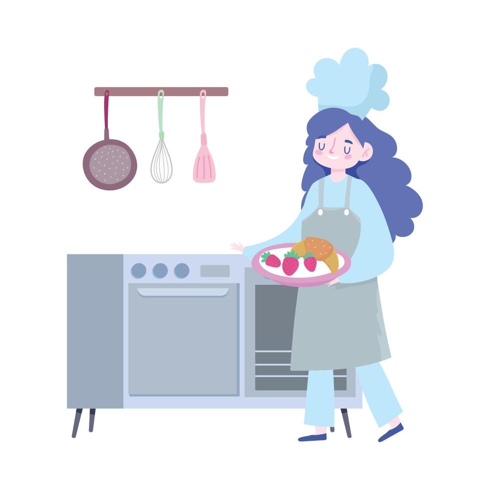 Bleiben Sie zu Hause, Köchin mit Essen im Tablett-Cartoon, Kochen von Quarantäne-Aktivitäten vektor