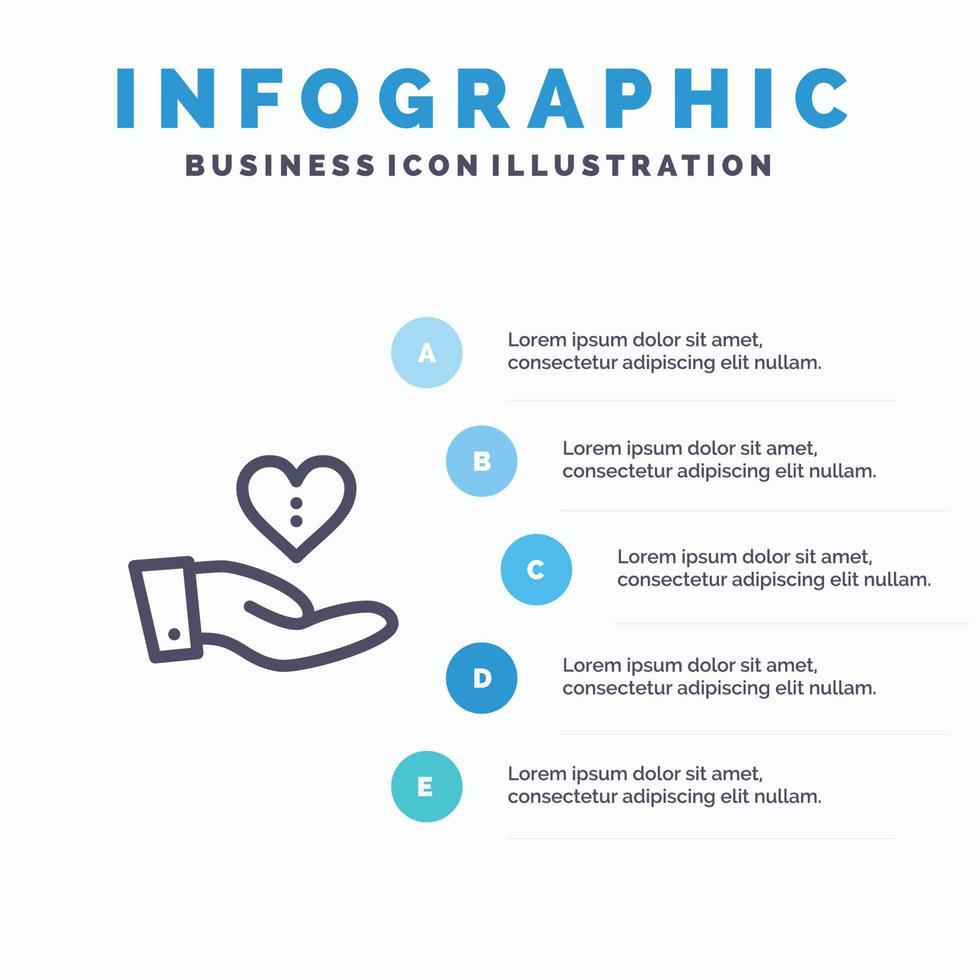 välgörenhet donation ger hand kärlek linje ikon med 5 steg presentation infographics bakgrund vektor